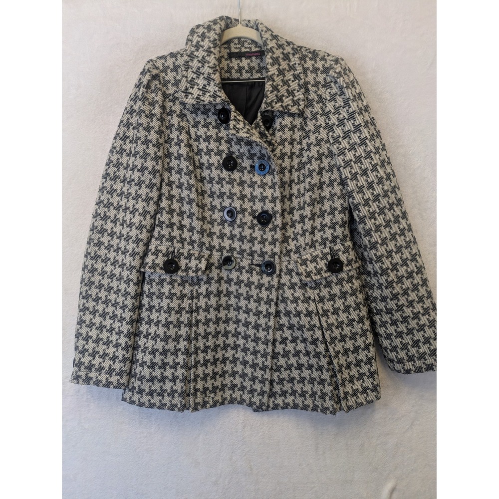 Sashimi Womens Houndstooth Wool Blend Double Breasted Pea Coat Large